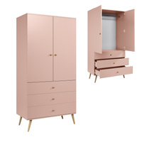 Kleiderschrank BOHO auf hohen Beinen + Reling und Regalen - Natürliches Rosa