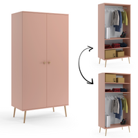Kleiderschrank BOHO auf hohen Beinen + Reling und Regalen - Natürliches Rosa